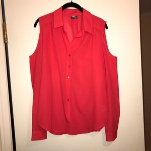 Red cold-shoulder button down chiffon blouse